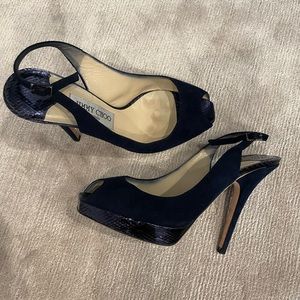 jimmy choo peep toe sling back pumps navy suede with chrome blue platform